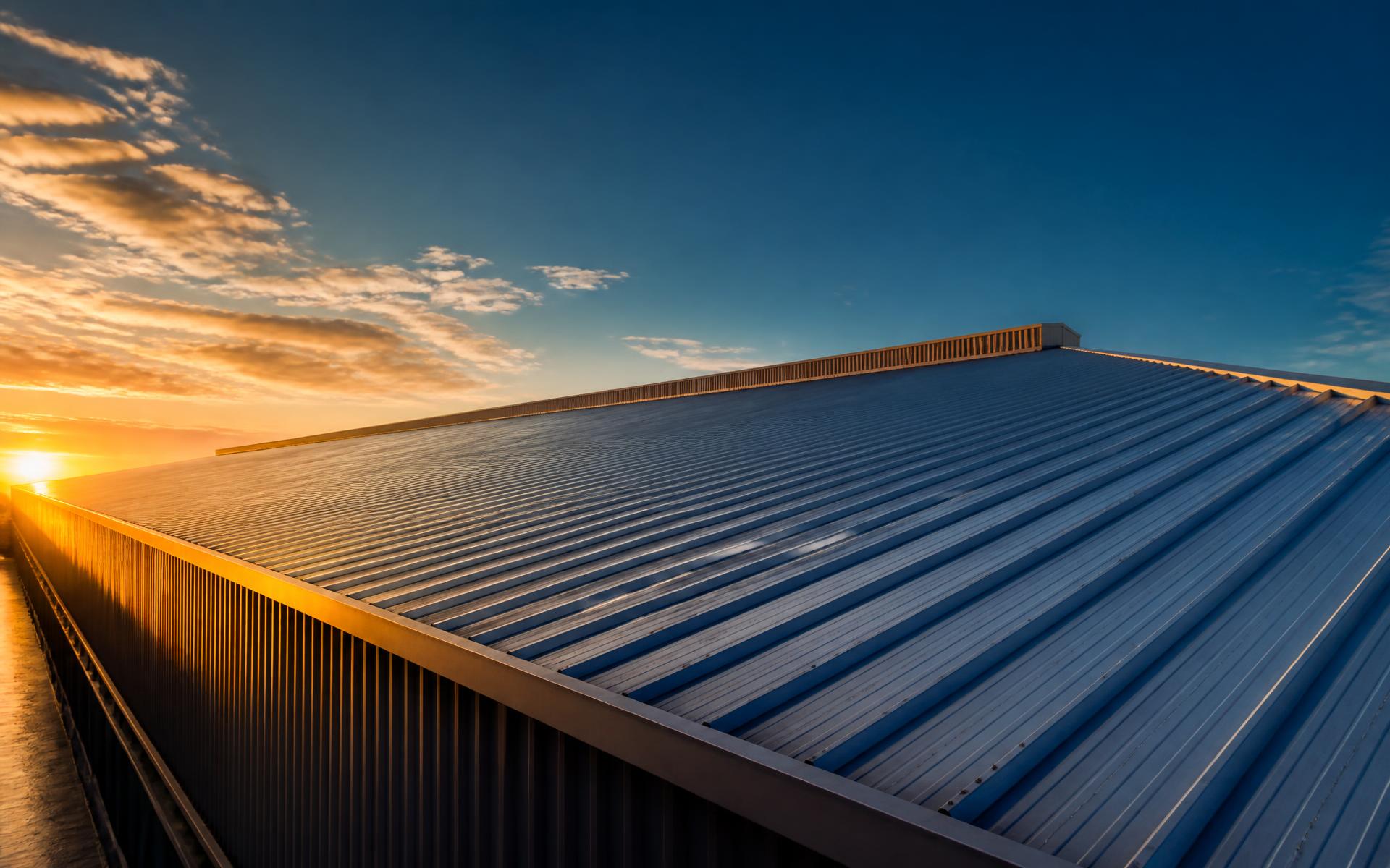 Cobertura metálica de galpão industrial ao entardecer